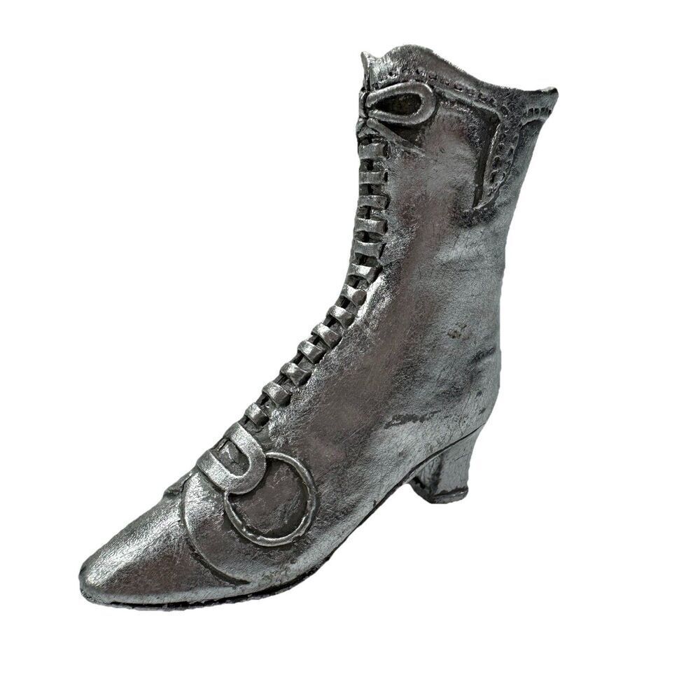 Vintage Victorian Lace Up Boot Shoe Mini Collectible Statue Silver Paint